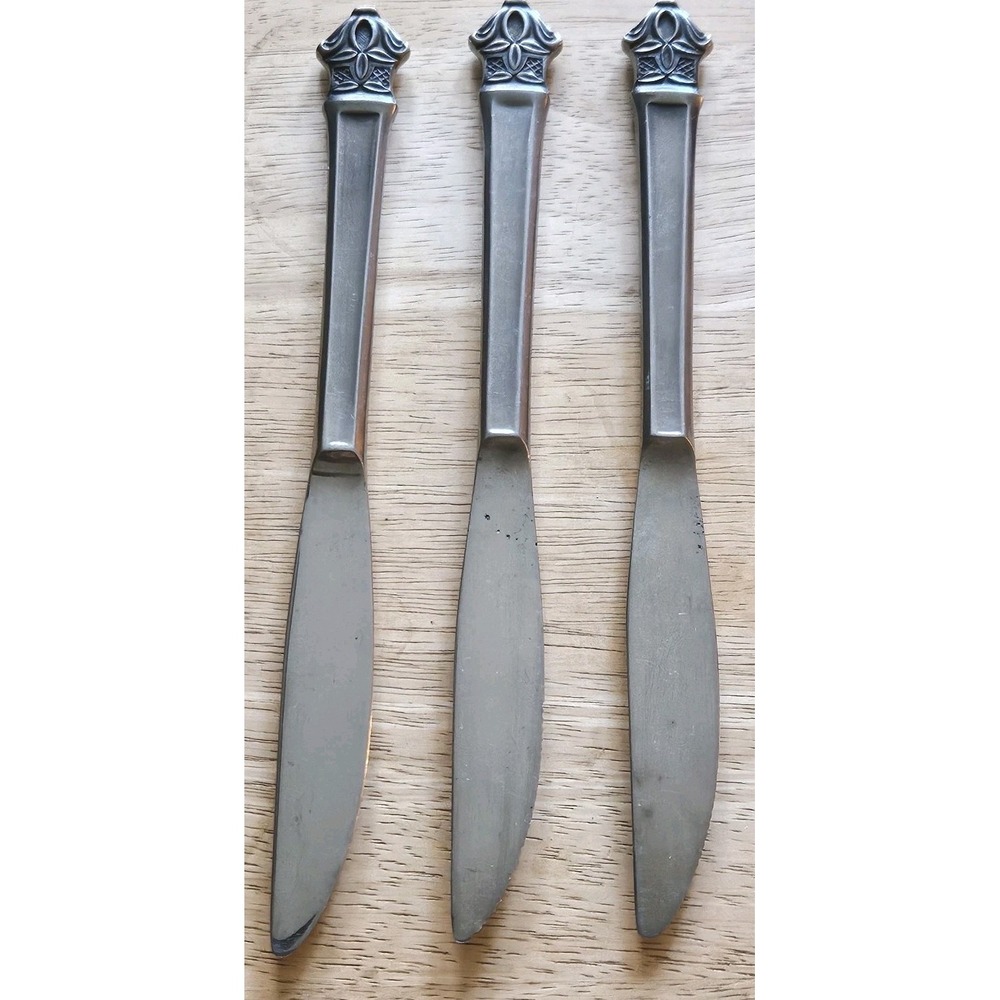 Vintage EKCO Eterna Stainless Serrated Knives, Designed Handle, Set Of 3, EUC